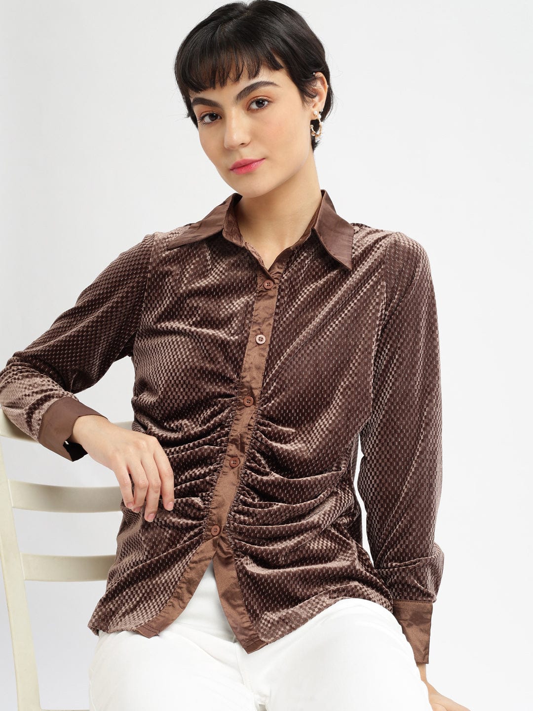 Shop Women's Brown Relaxed Slim Fit Opaque Casual Shirt Showoffff