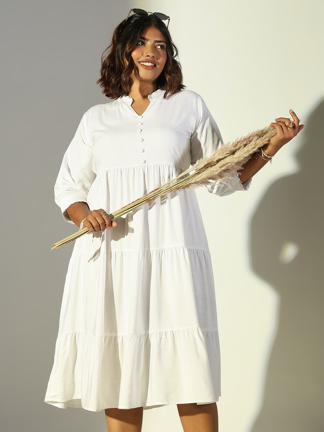 Beautiful Women's White Cotton Fit Flare Midi Dress Showoffff