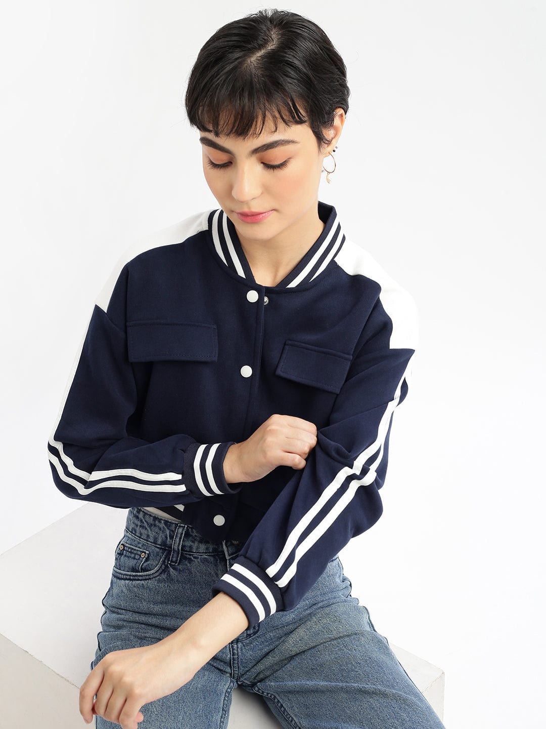 Buy Women's Navy Blue Striped Windcheater Crop Quilted Jacket