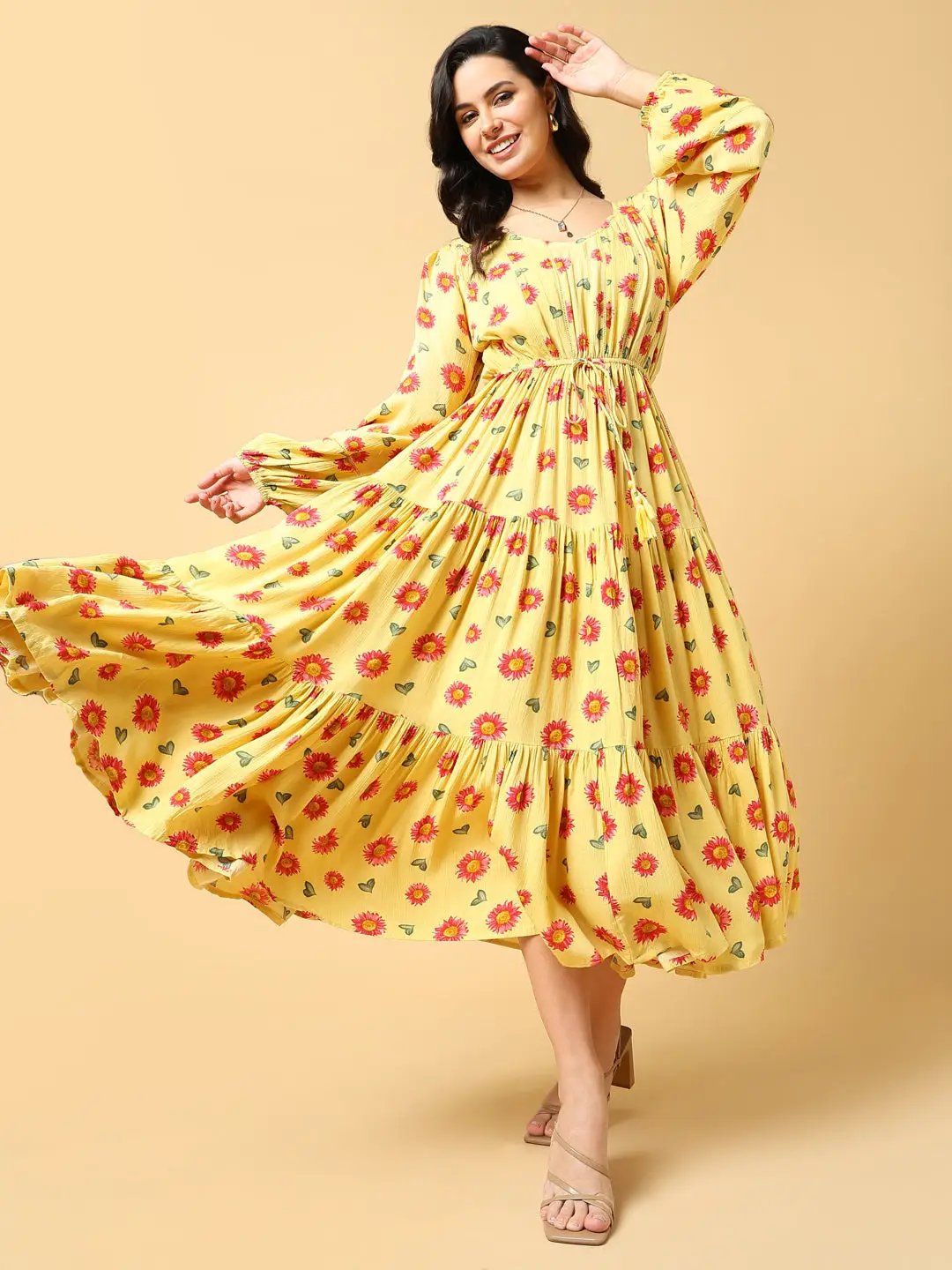 Women's Yellow Floral Print Puff Sleeve Crepe Fit & Flare Midi Dress Women's Yellow Floral Print Puff Sleeve Crepe Fit & Flare Midi Dress
