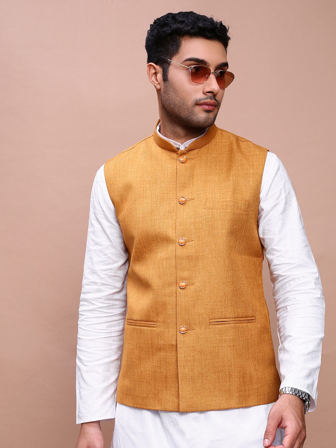 SHOWOFFFF Men's Solid Mustard Slim Fit Nehru Jacket