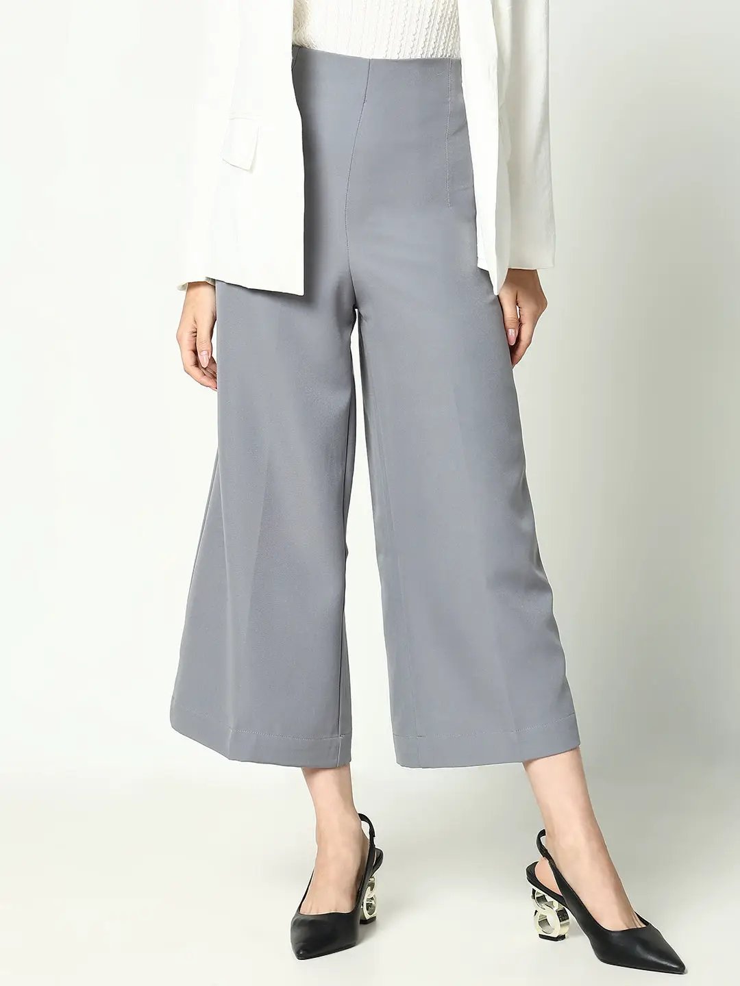 Women's Grey Cotton Regular Fit Comfort Pleated Trousers - from SHOWOFFFF