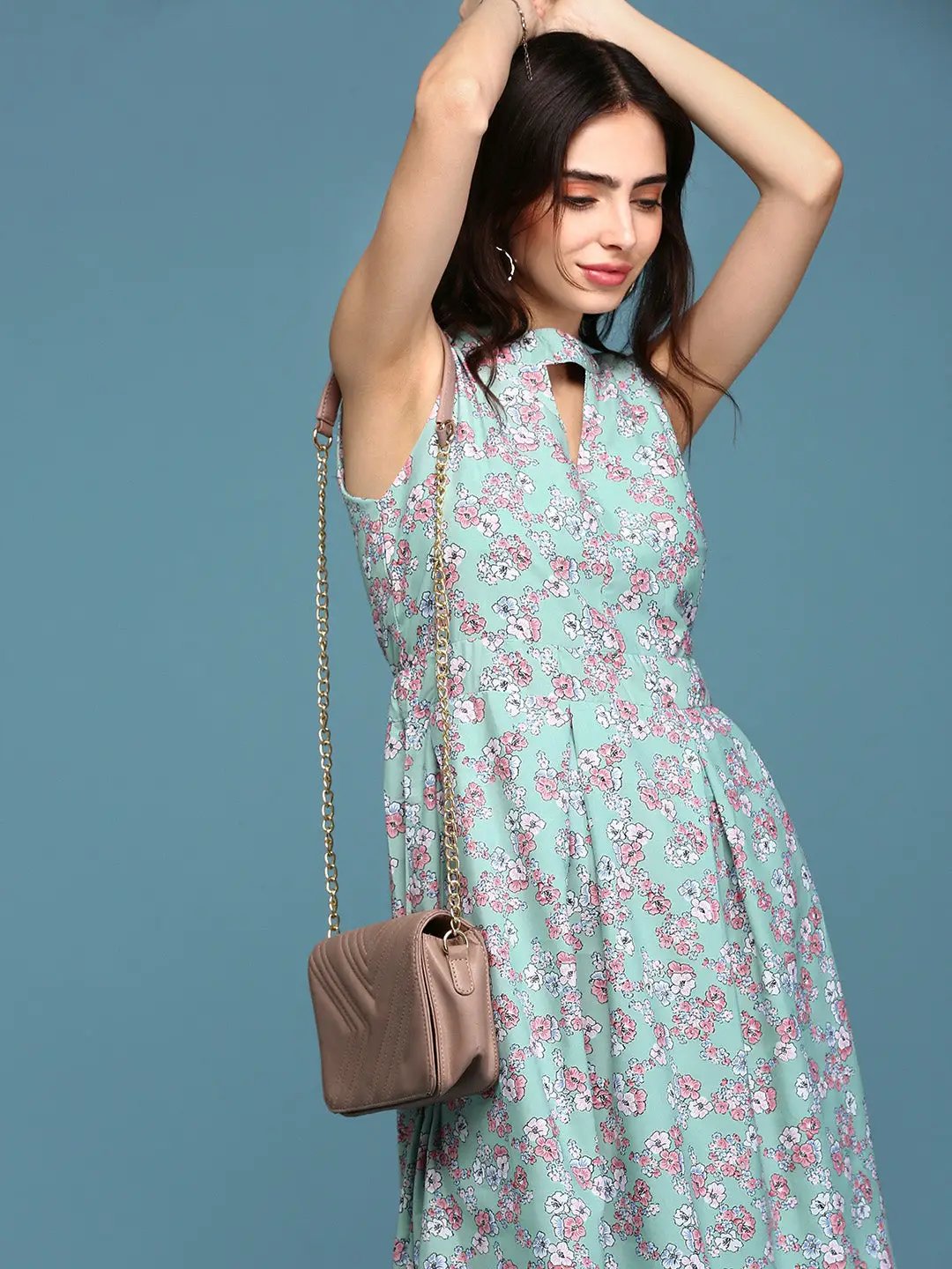 Shop Women's Sea Green Floral Keyhole Neck A-Line Dress| Showoffff