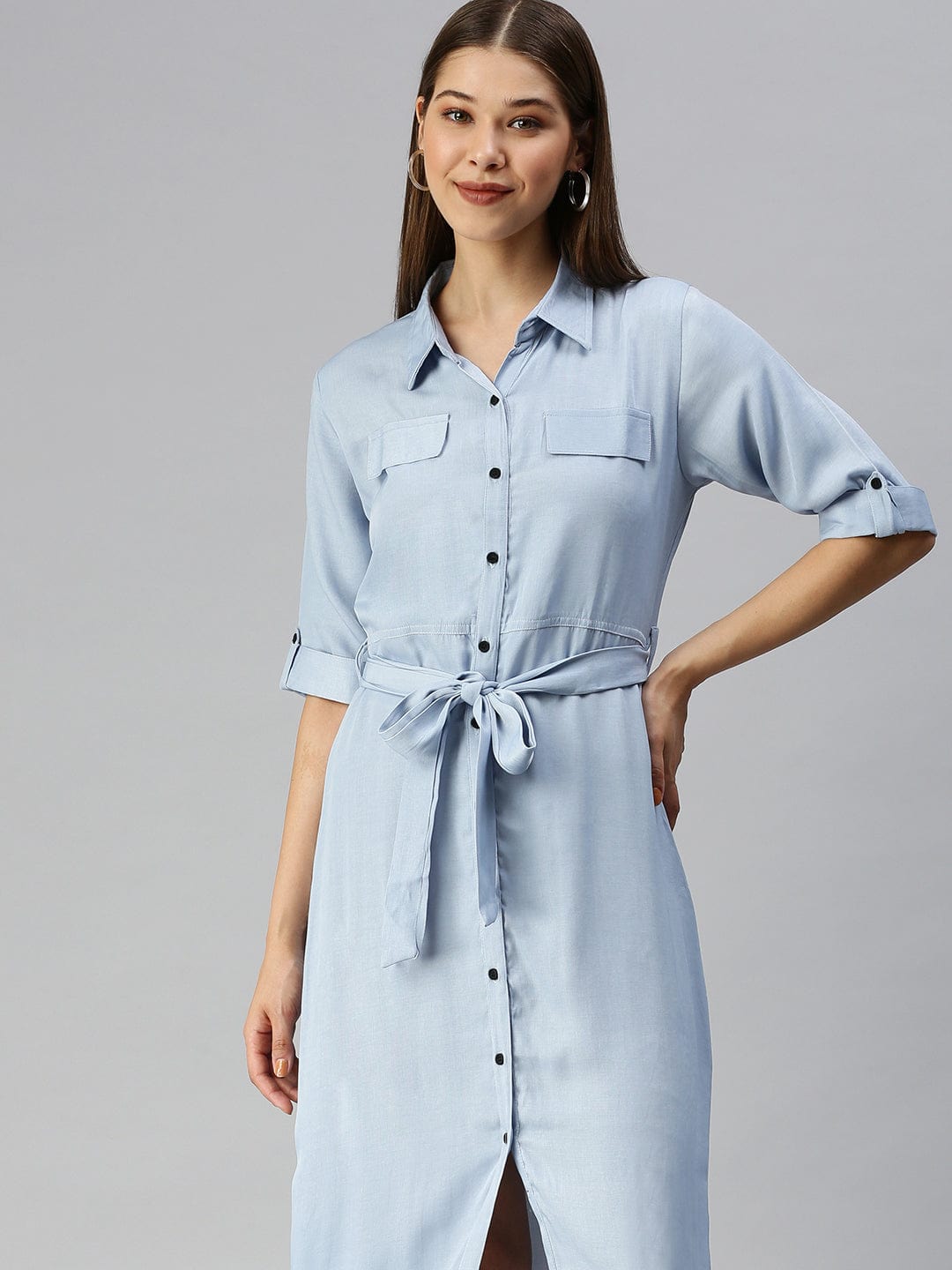 Elegant Women's Blue Denim Shirt Midi Dress Showoffff