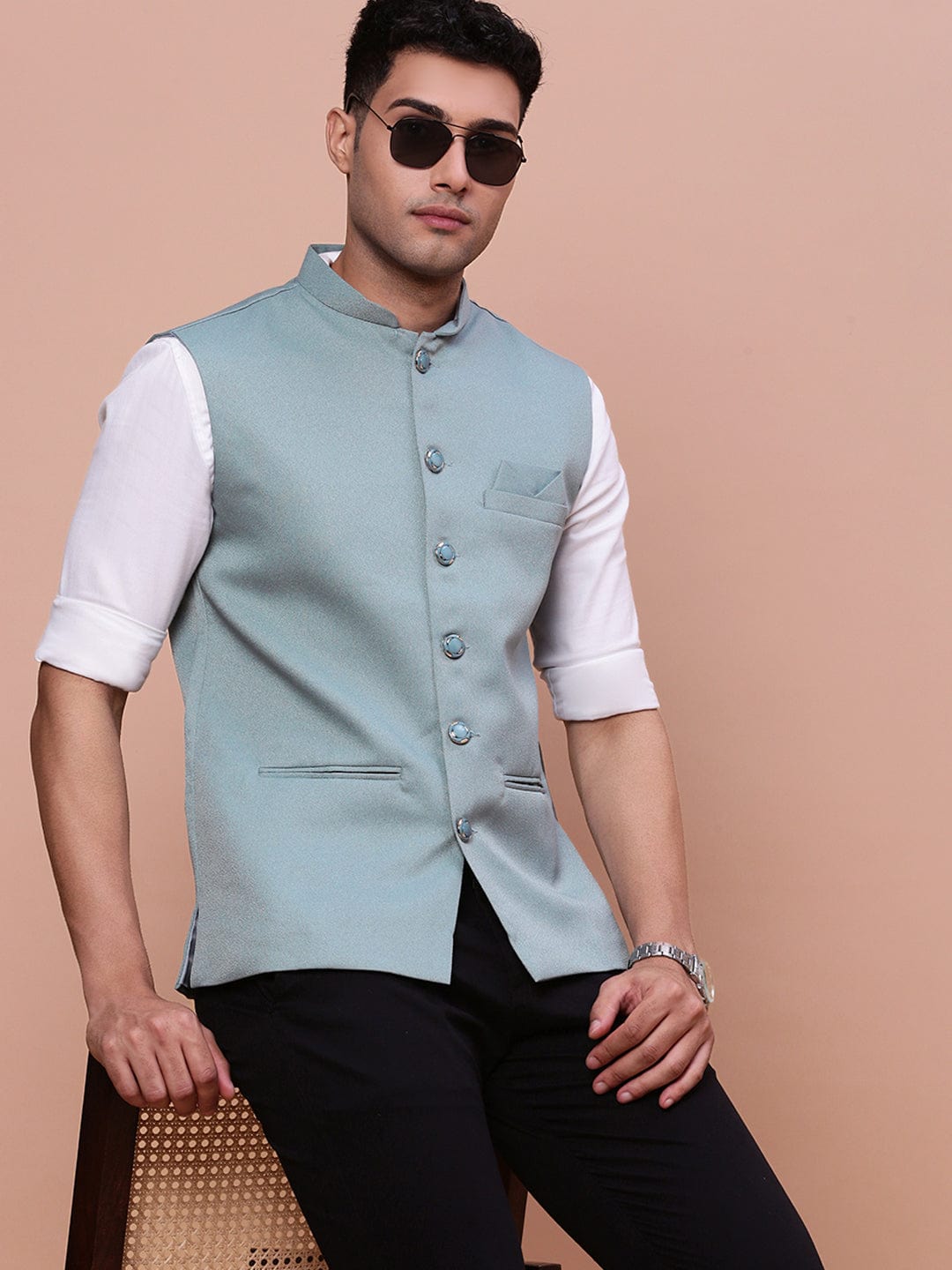 SHOWOFFFF Men's Solid Sea Green Slim Fit Nehru Jacket