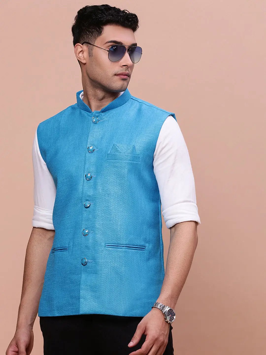 Men's Solid Blue Nehru Jacket