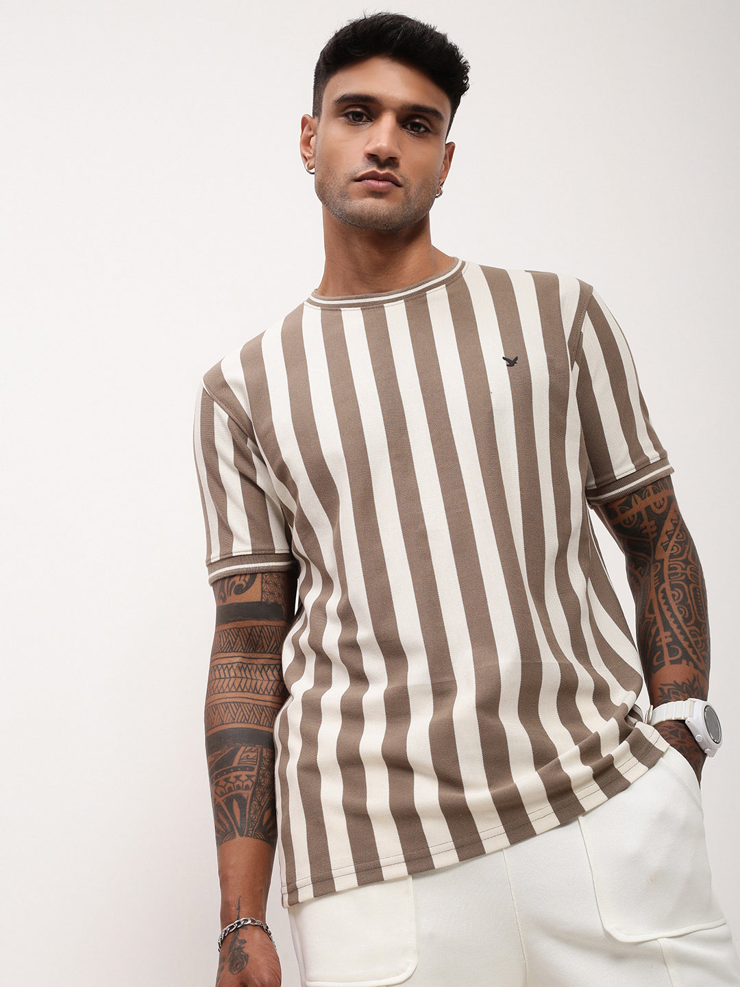 Buy Men's Olive Striped Round Neck Cotton T-Shirt Online Showoffff