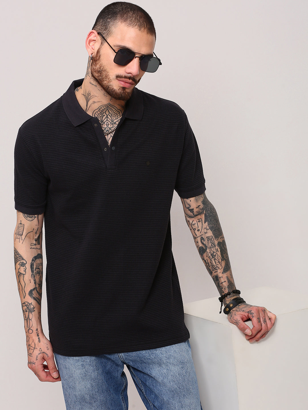 Buy Men's Black Self Design Polo Collar T-Shirt Online | Showoffff