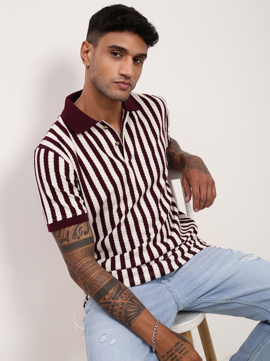 Buy Men's Burgundy Striped Polo Collar T-Shirt Online Showoffff