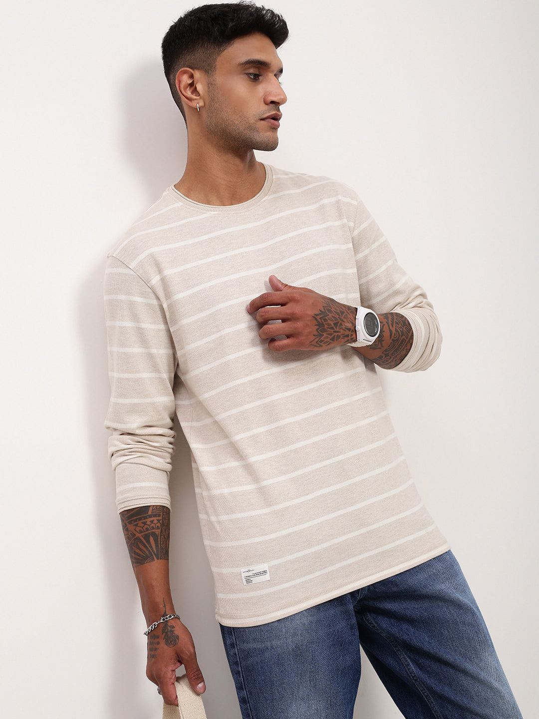 Buy Men's Cream Striped Cotton T-Shirt Online Showoffff