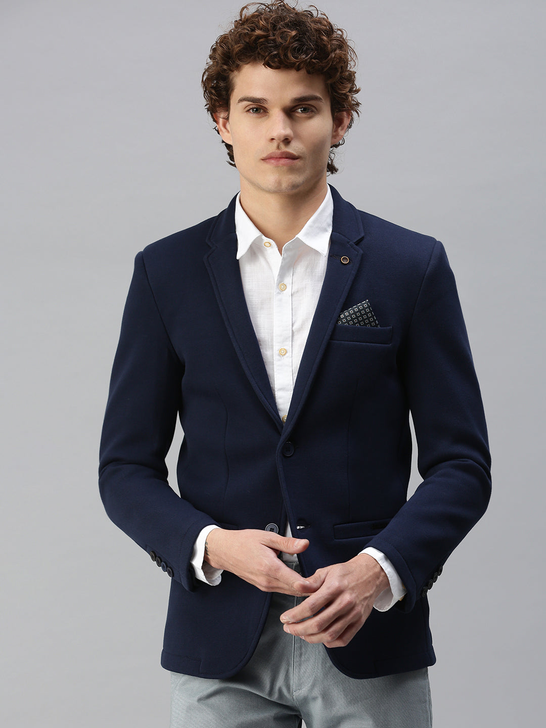 Buy Men's Navy Blue Solid Single-Breasted Slim-Fit Blazer Online
