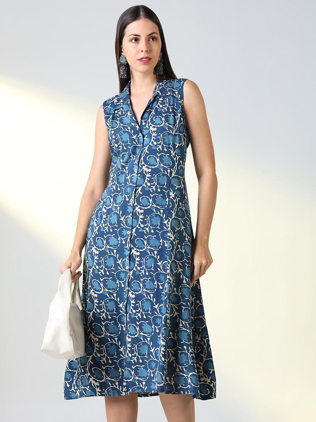 Shop Women's Blue Cotton Floral Printed A-Line Midi Dress Showoffff