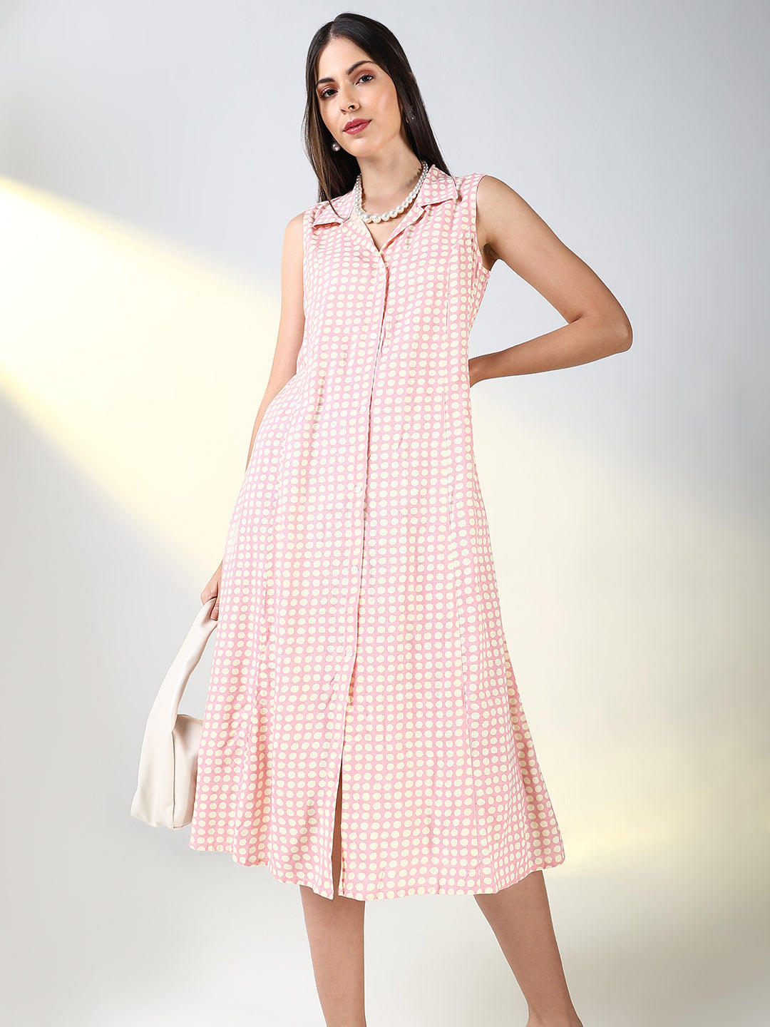 Shop Women's Pink Polka Dot Printed A-Line Midi Dress Showoffff