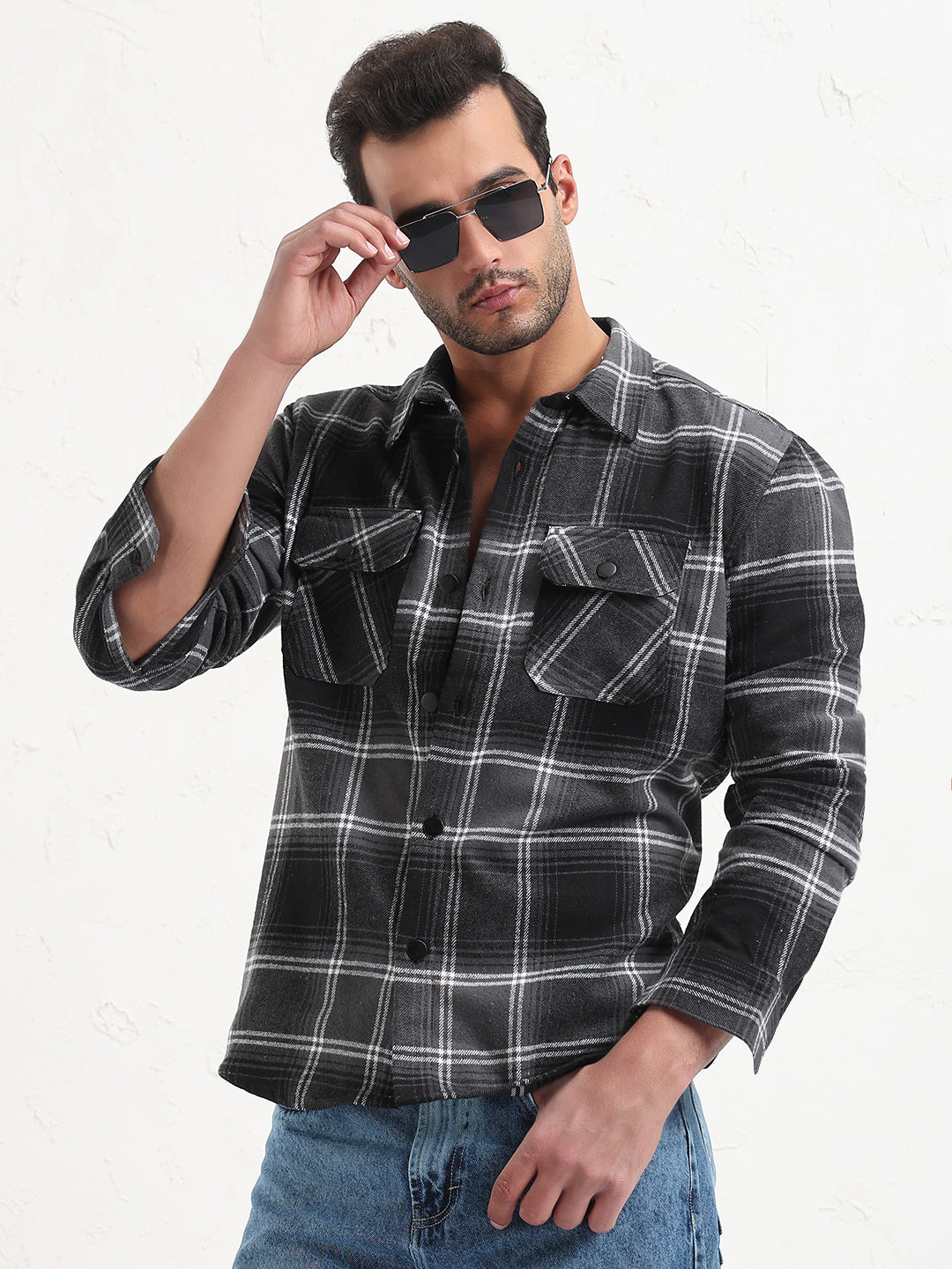Shop Men's Grey Checked Slim Fit Shacket Showoffff Fast Fashion