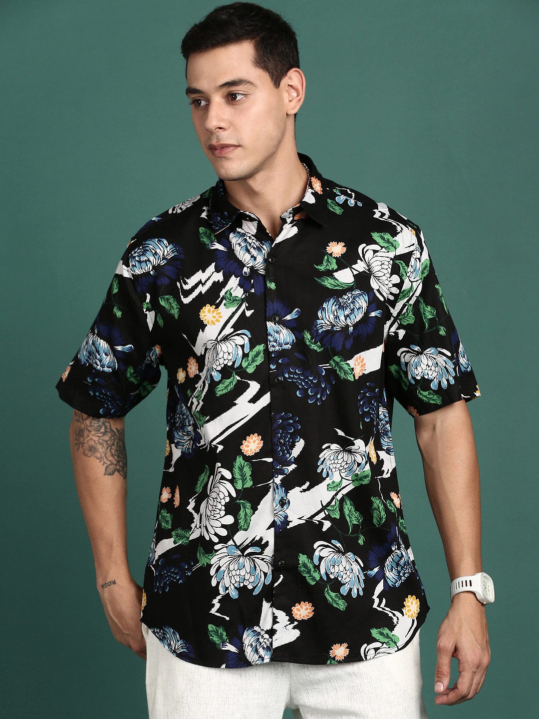SHOWOFFFF Men's Floral Black Slim Fit Shirt