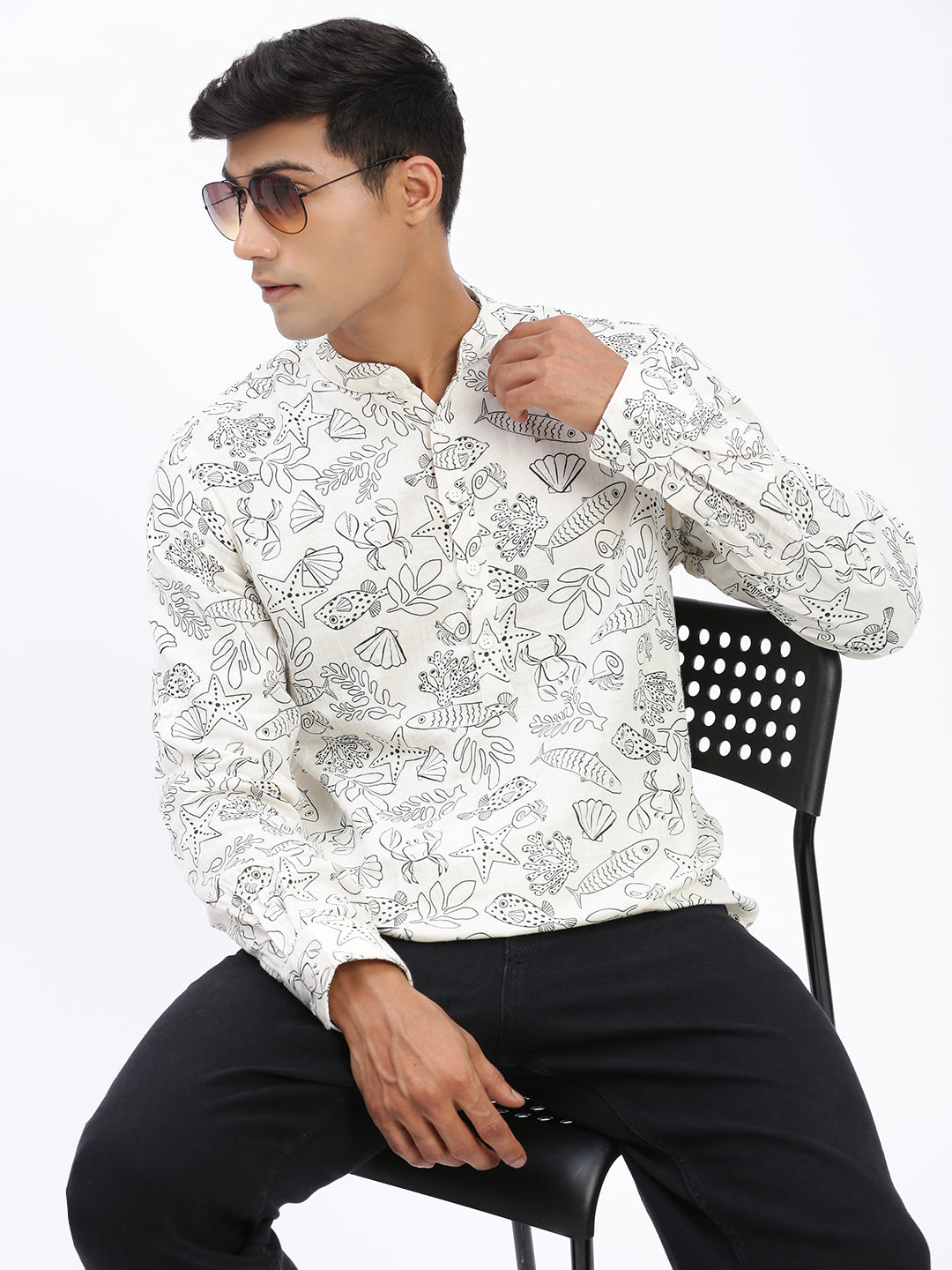 SHOWOFF Men's Cream Animal Print Kurta
