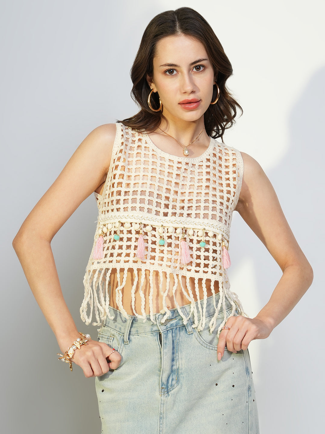 SHOWOFFFF Women's Cream Self Design Crop Crochet Top