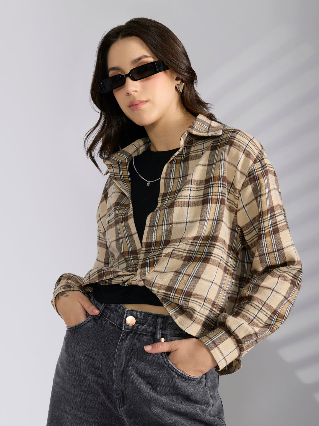 Women's Checked Beige Shirt Style Top with Chain