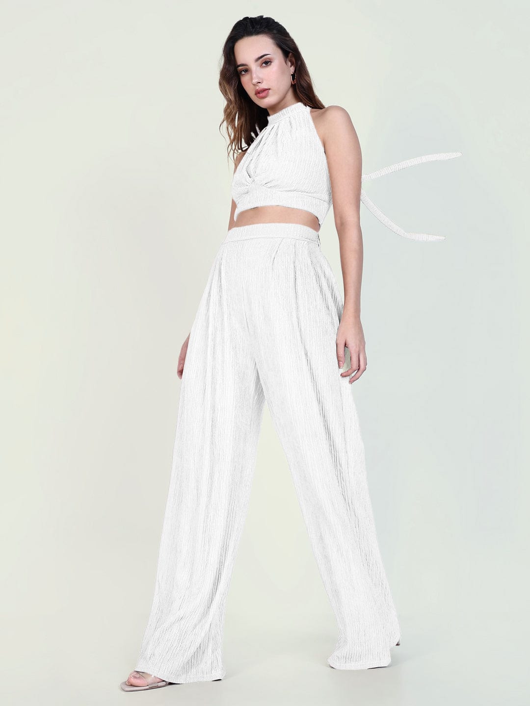 Buy Women's Textured White Halter Neck Top with Pants Co