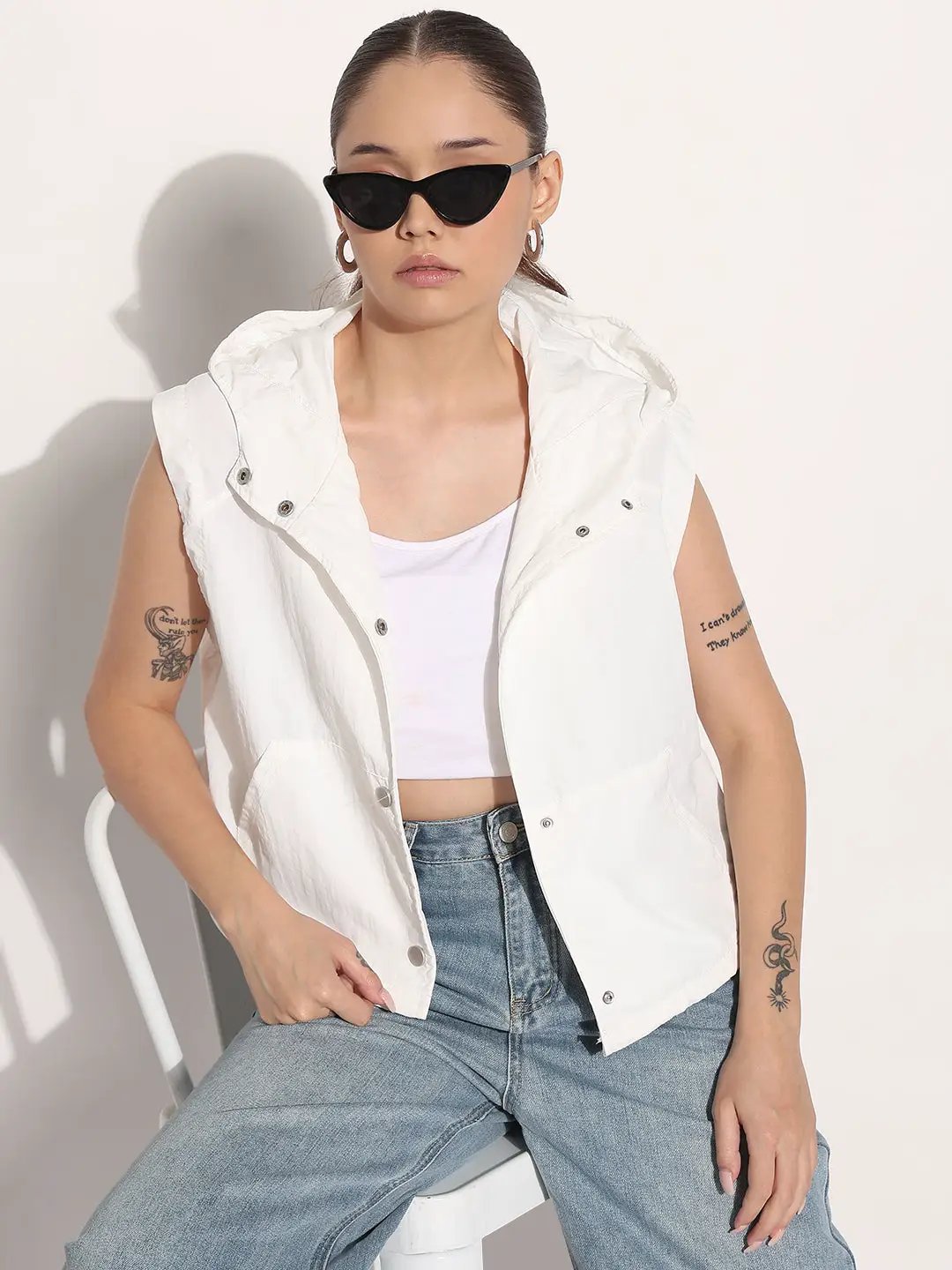Women's White Hooded Sleeveless Button Down Bomber Jacket - from SHOWOFFFF