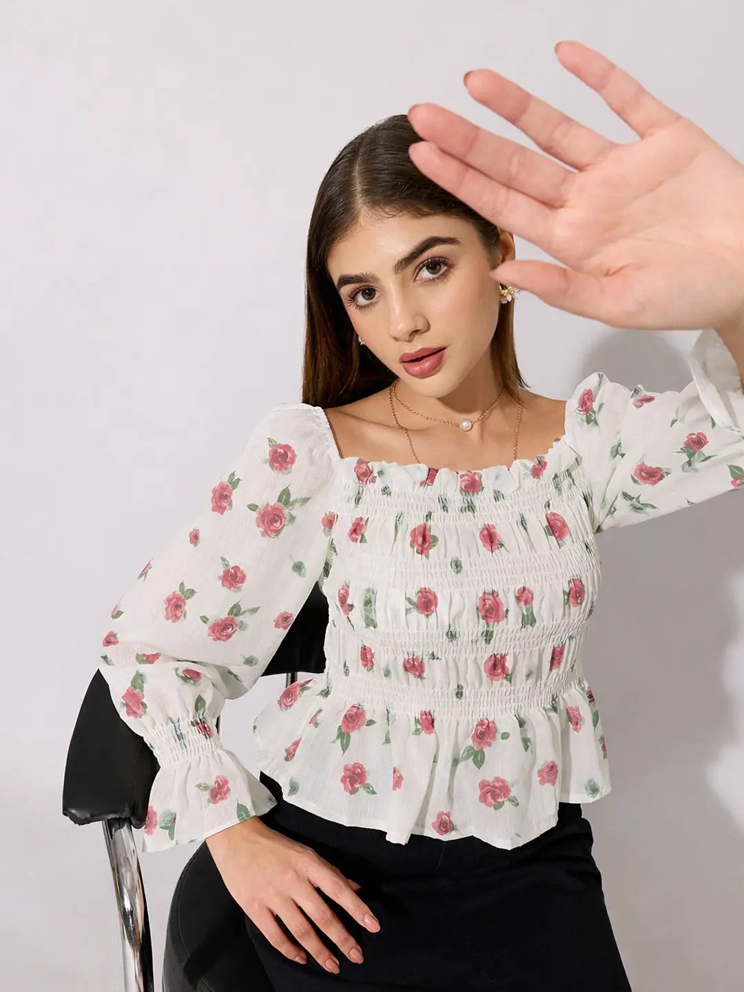 Women's Floral Print Red Smocked Top with Ruffle Hem - from SHOWOFFFF