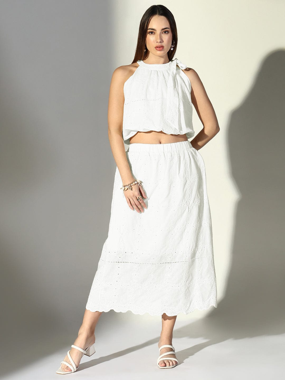 Buy Women's Schiffli White Neck Tie Crop Top with Midi Skirt Co