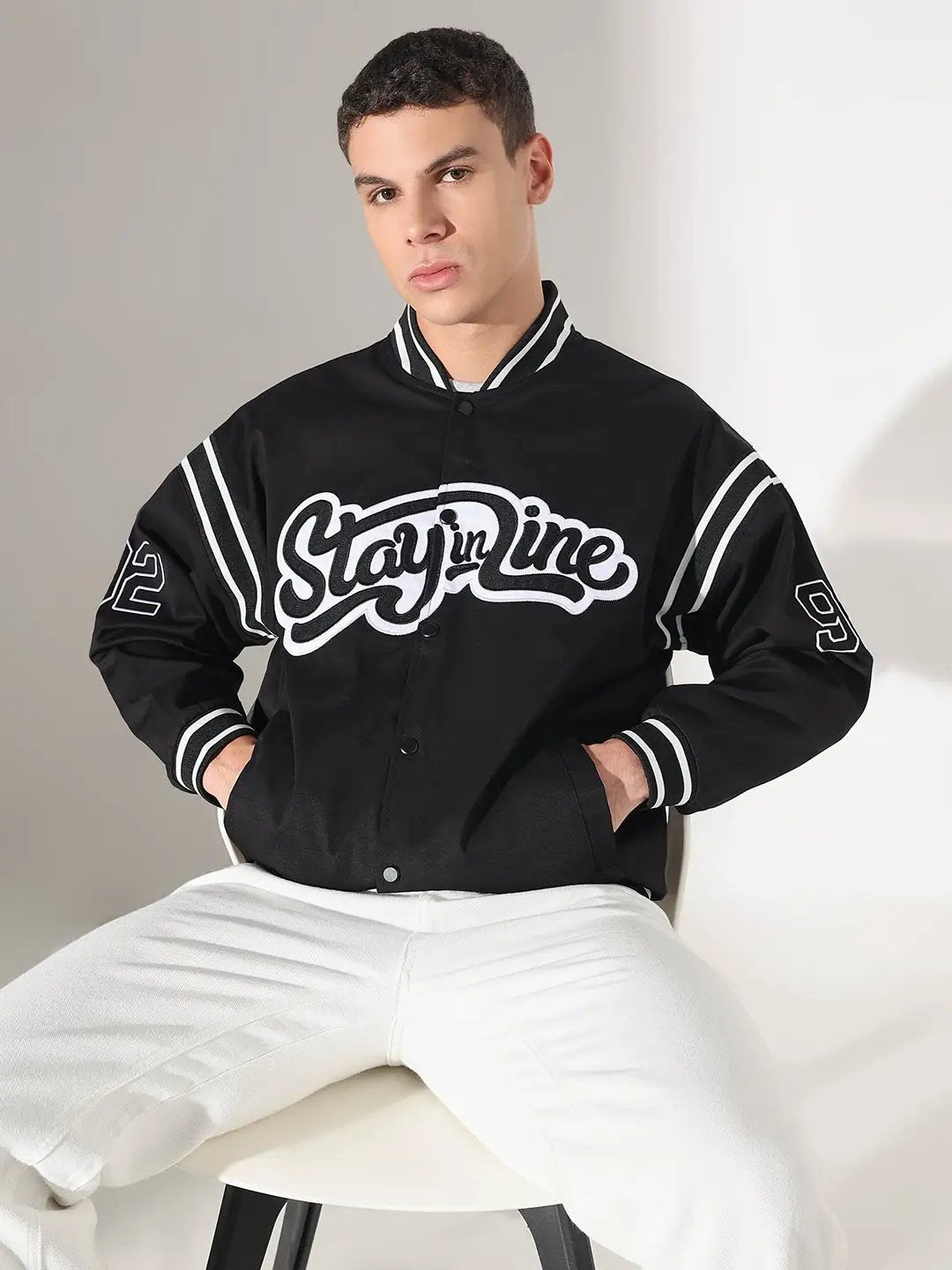 Men's Typography Black Mandarin Collar Varsity Jacket - from SHOWOFFFF
