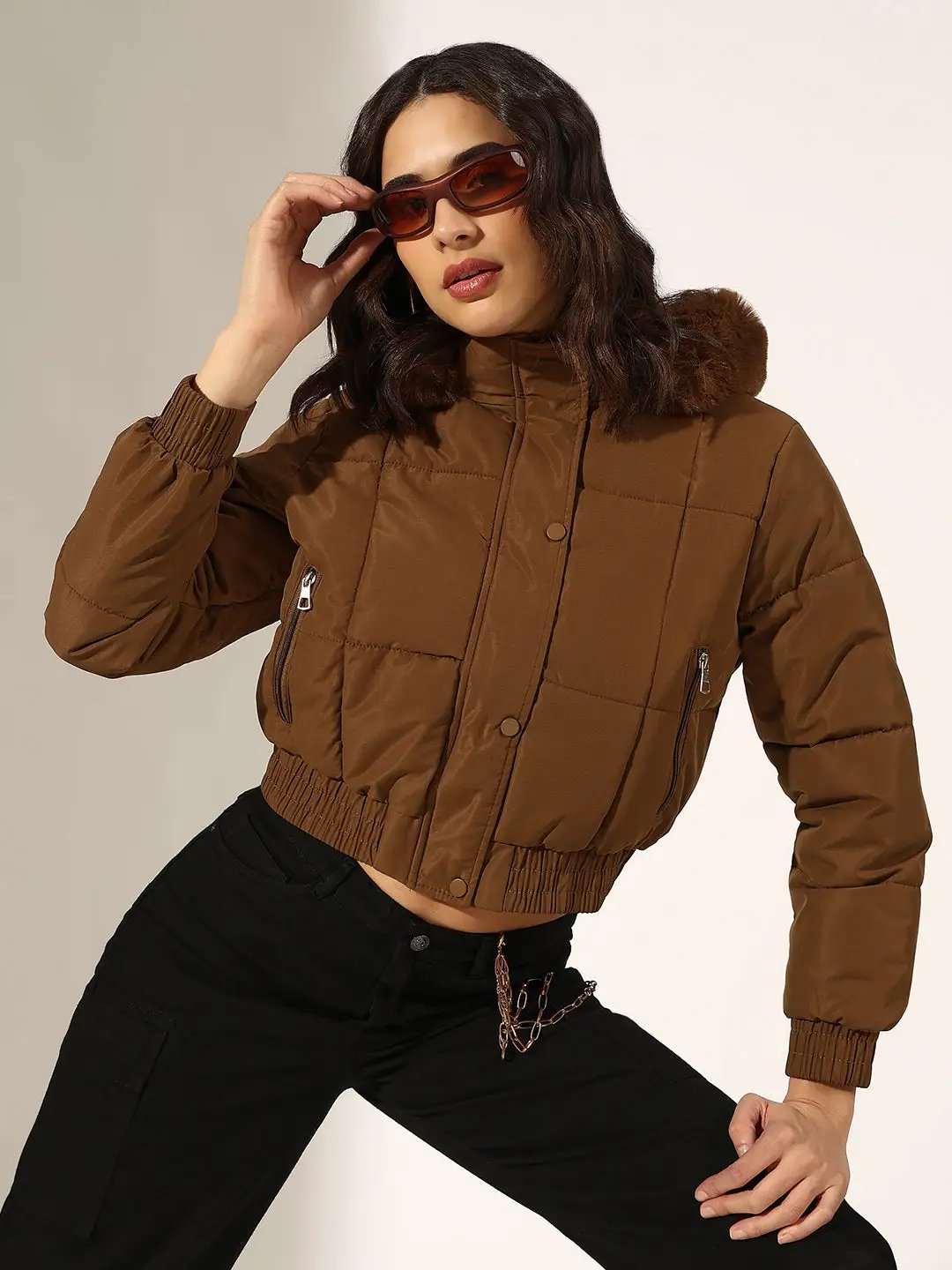Women's Brown Puffer Jacket with Faux Fur Hood - from SHOWOFFFF