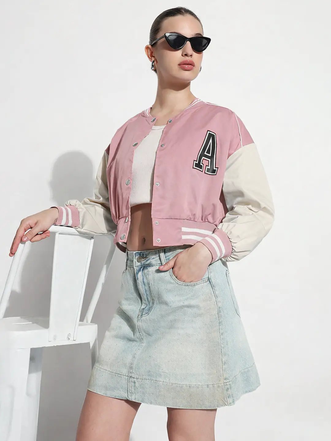 Women's Typography Pink Mandarin Collar Varsity Jacket - from SHOWOFFFF
