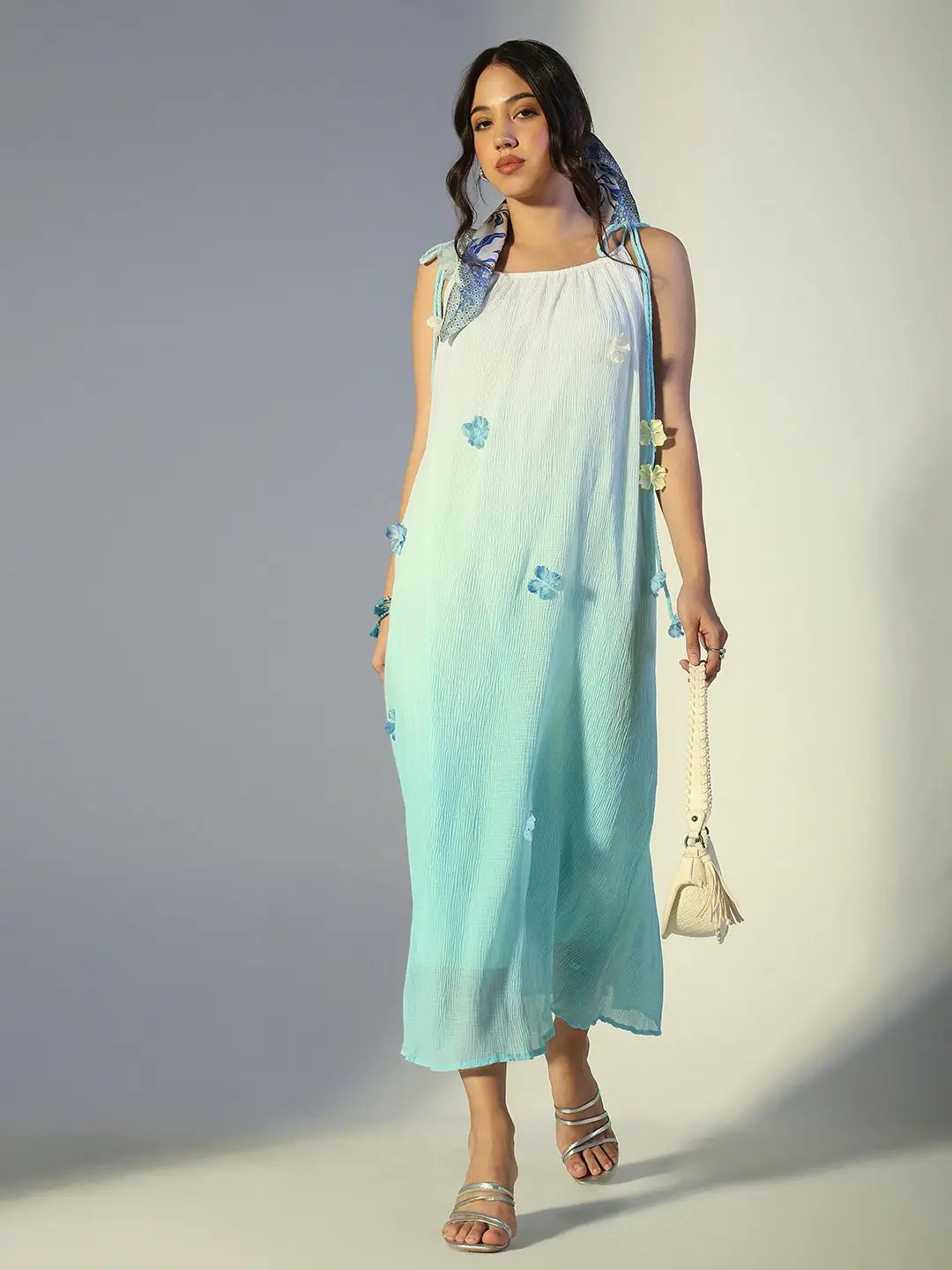 Women's Floral Applique Blue Ombre Maxi Dress with Tie-Up Straps - from SHOWOFFFF