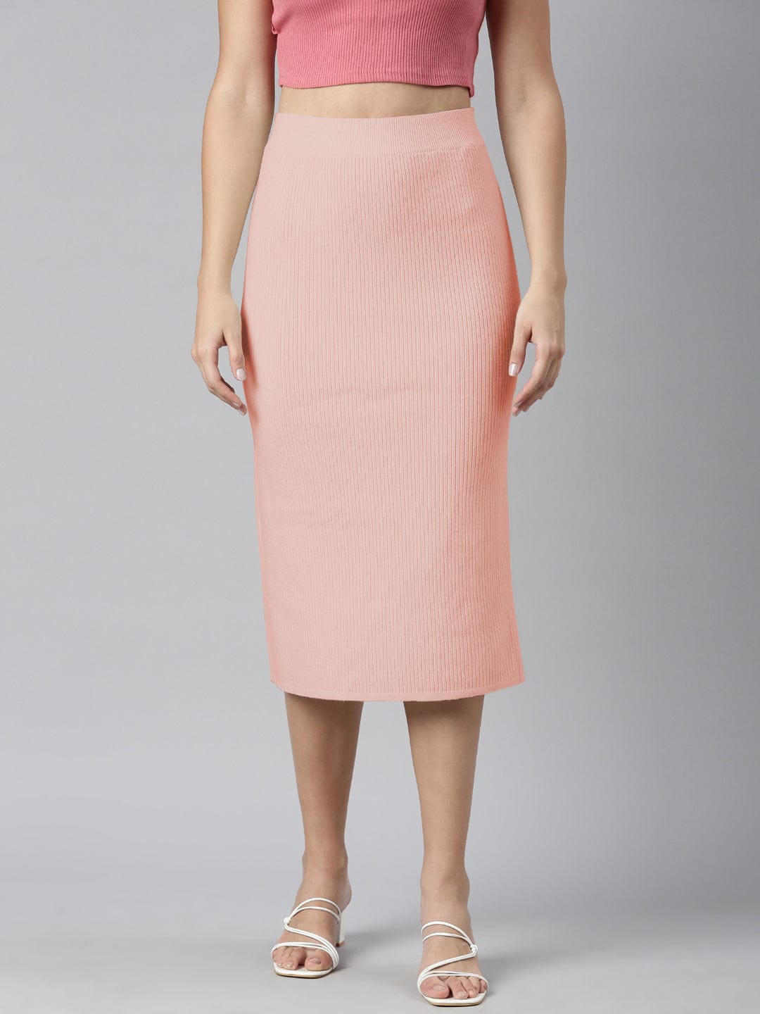 Buy Textured Peach Straight Midi Skirt Online Showoffff