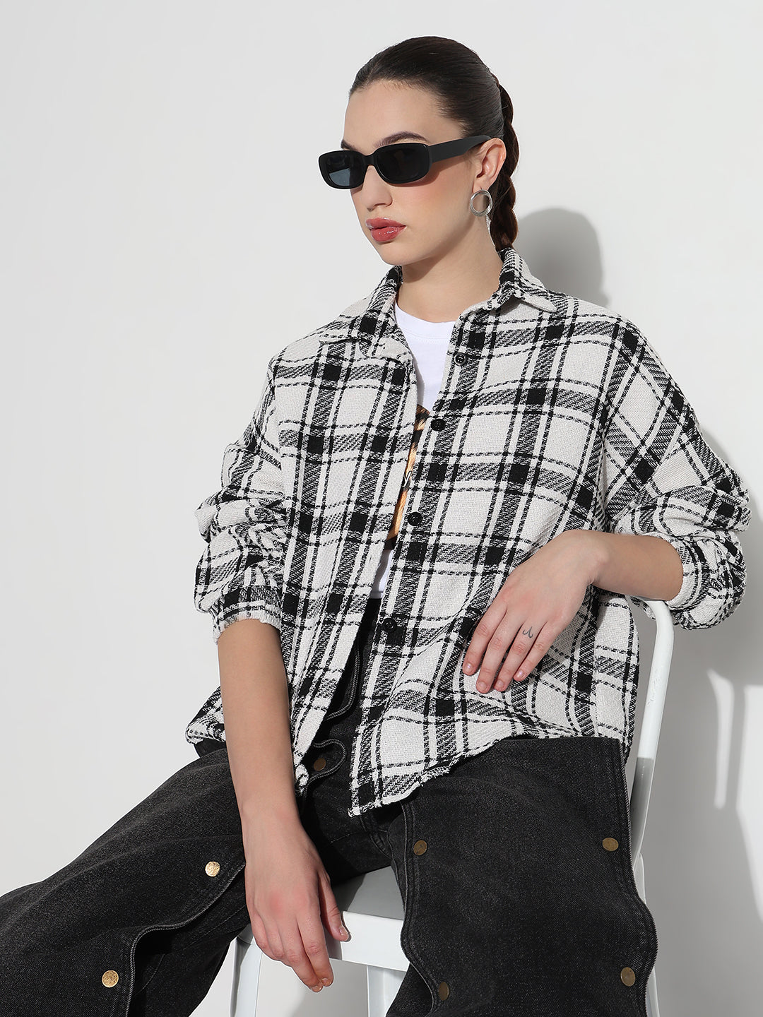 Shop Women's Tartan Checks White Oversized Shirt Showoffff