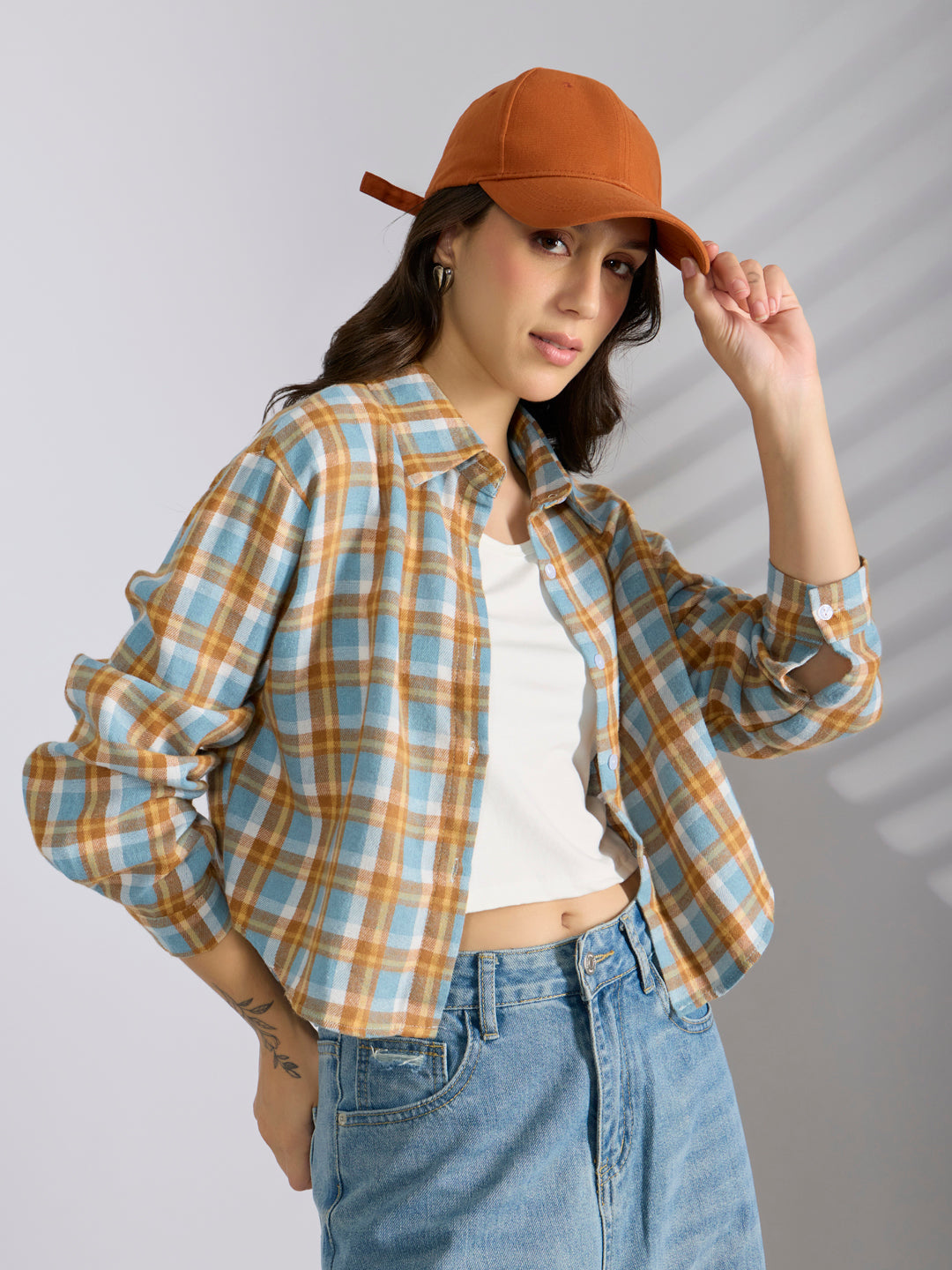Shop Women's Checked Blue Spread Collar Oversized Shirts Showoffff