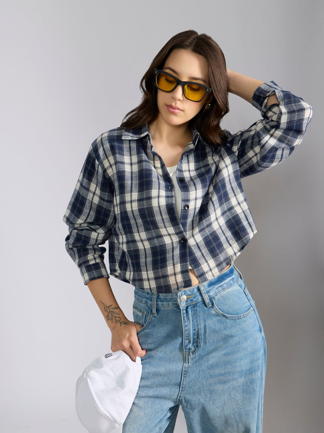 Shop Women's Checked Navyblue Spread Collar Oversized Shirts