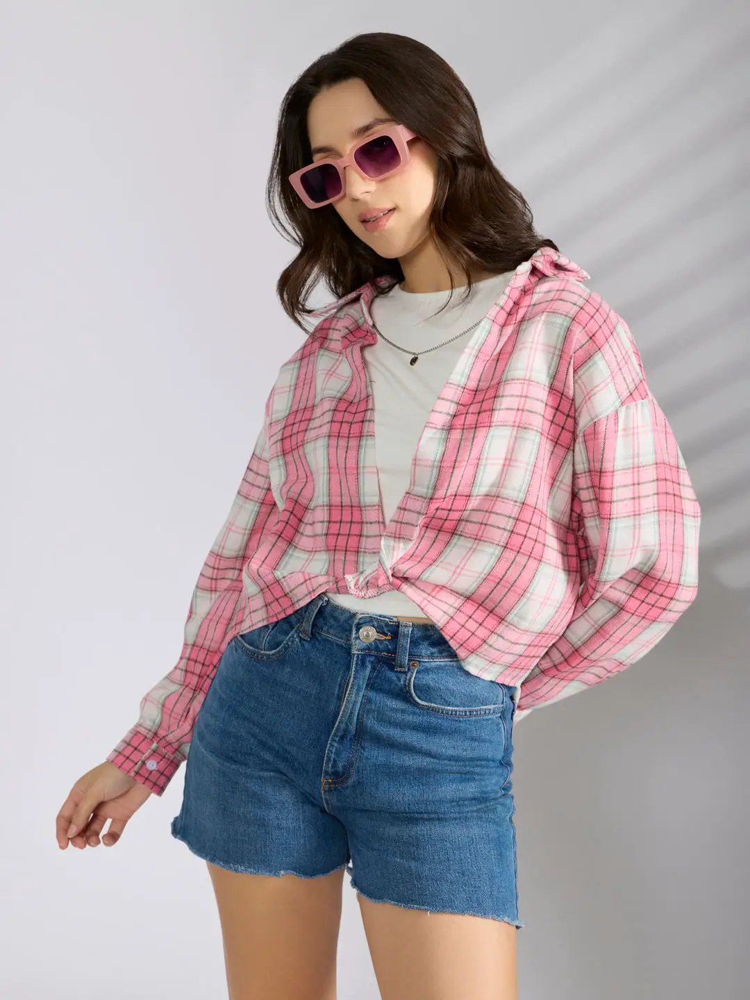 Women's Checked Pink Shirt Style Top with Chain - Uncategorized from SHOWOFFFF