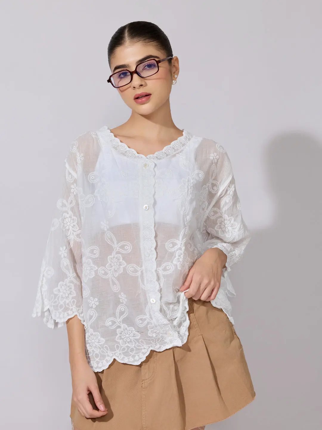 Women's Embroidered White Sheer V-Neck Shirt - from SHOWOFFFF