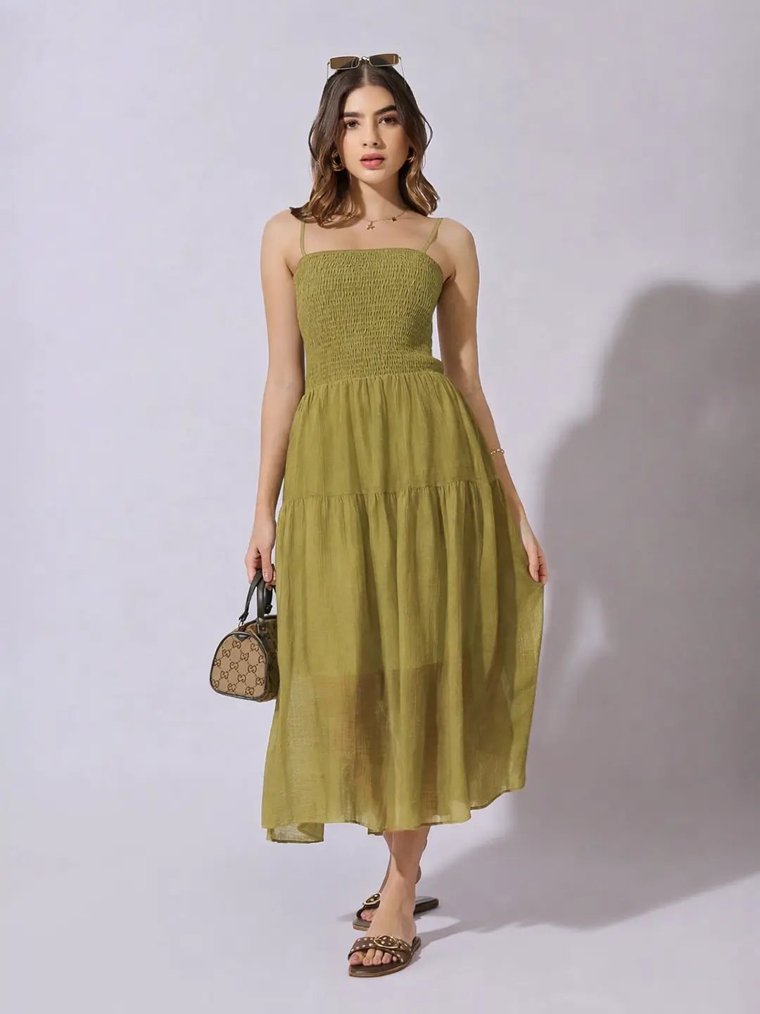Women's Smocked Olive Tiered Midi Dress - Uncategorized from SHOWOFFFF