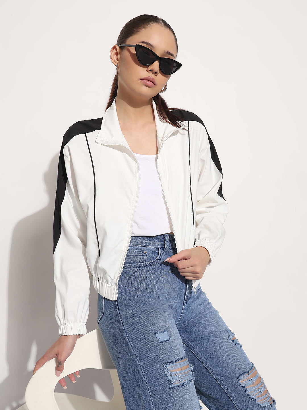 Women's Colorblocked White Shirt Collar Bomber Jacket