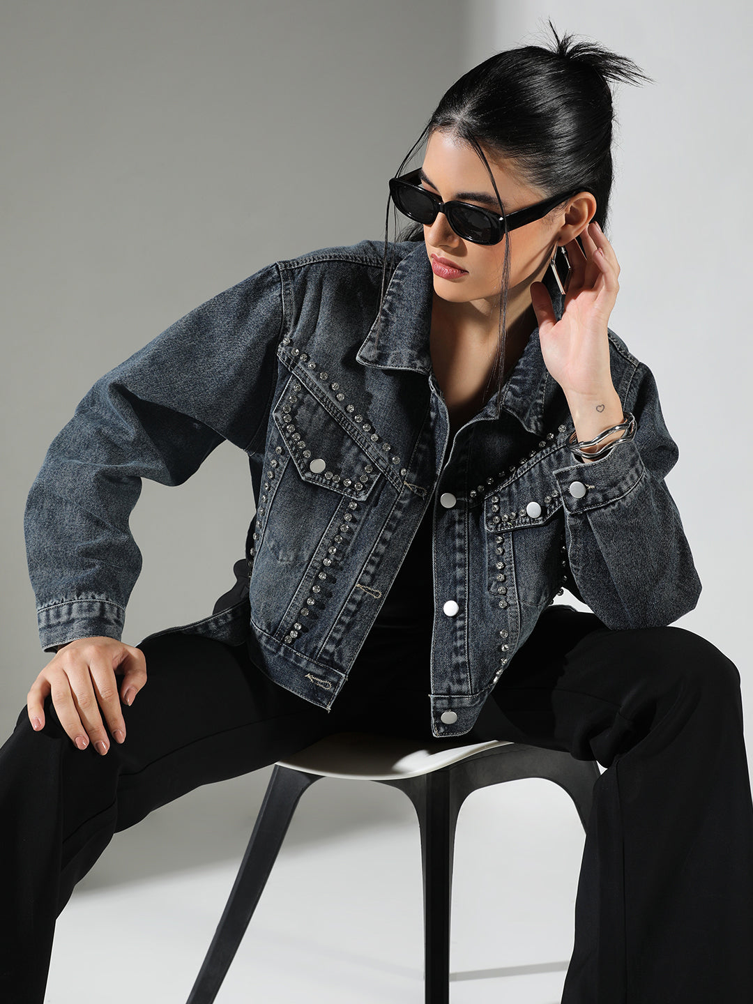 Buy Women's Embellished Navy Blue Crop Denim Jacket with Studs
