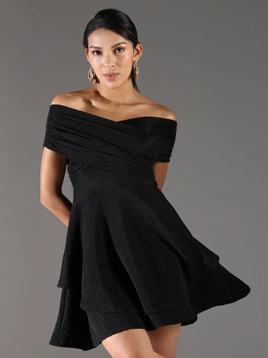 Women's Black Off-Shoulder Fit & Flare Dress