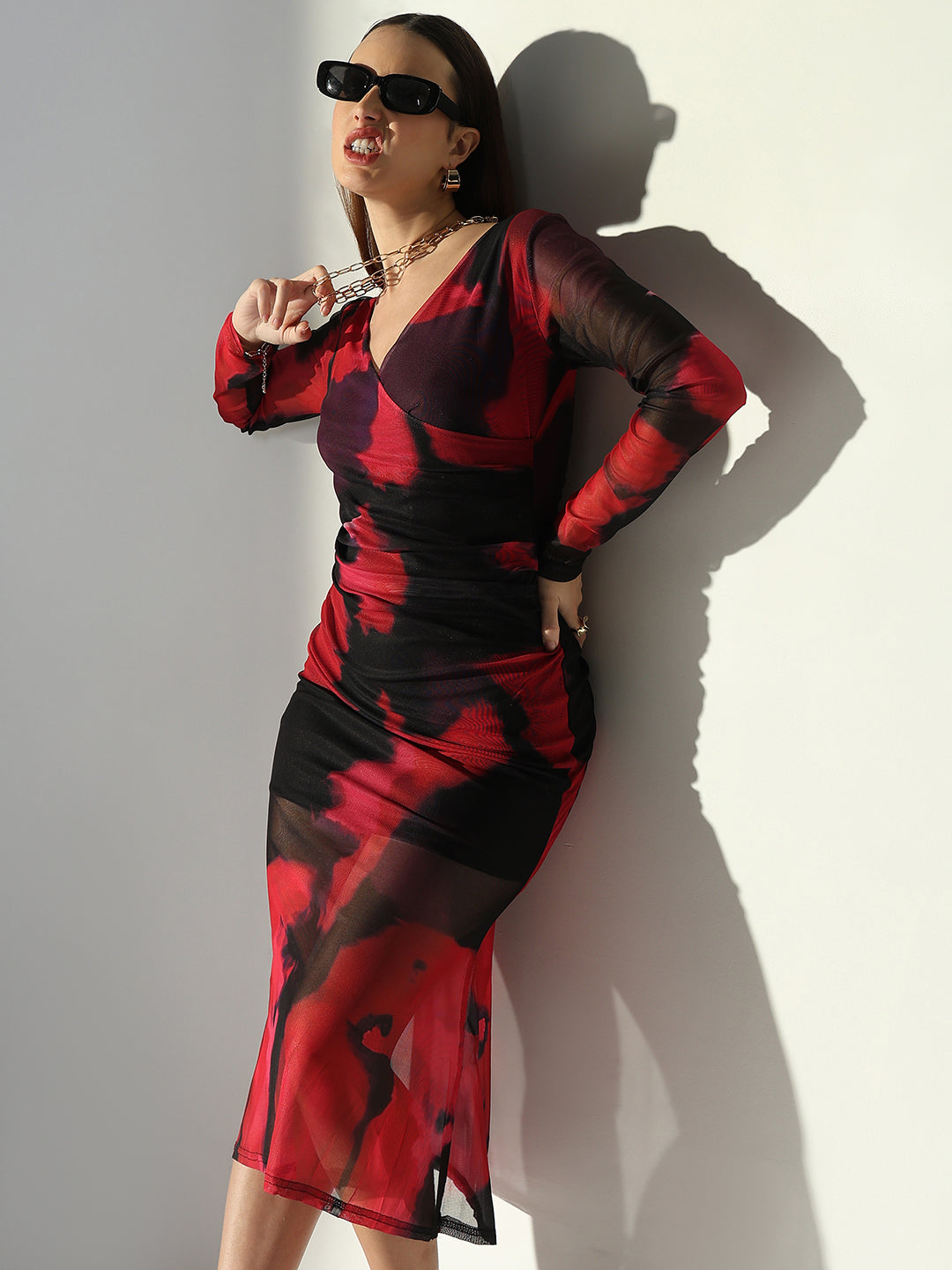 Modern Women's Net Ruched Pink V-Neck Full Sleeves Midi Showoffff