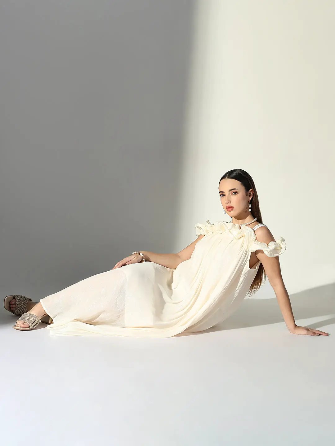 Shop Women's Ruffle Embellished Off Shoulder Cream Maxi Dress| Showoffff