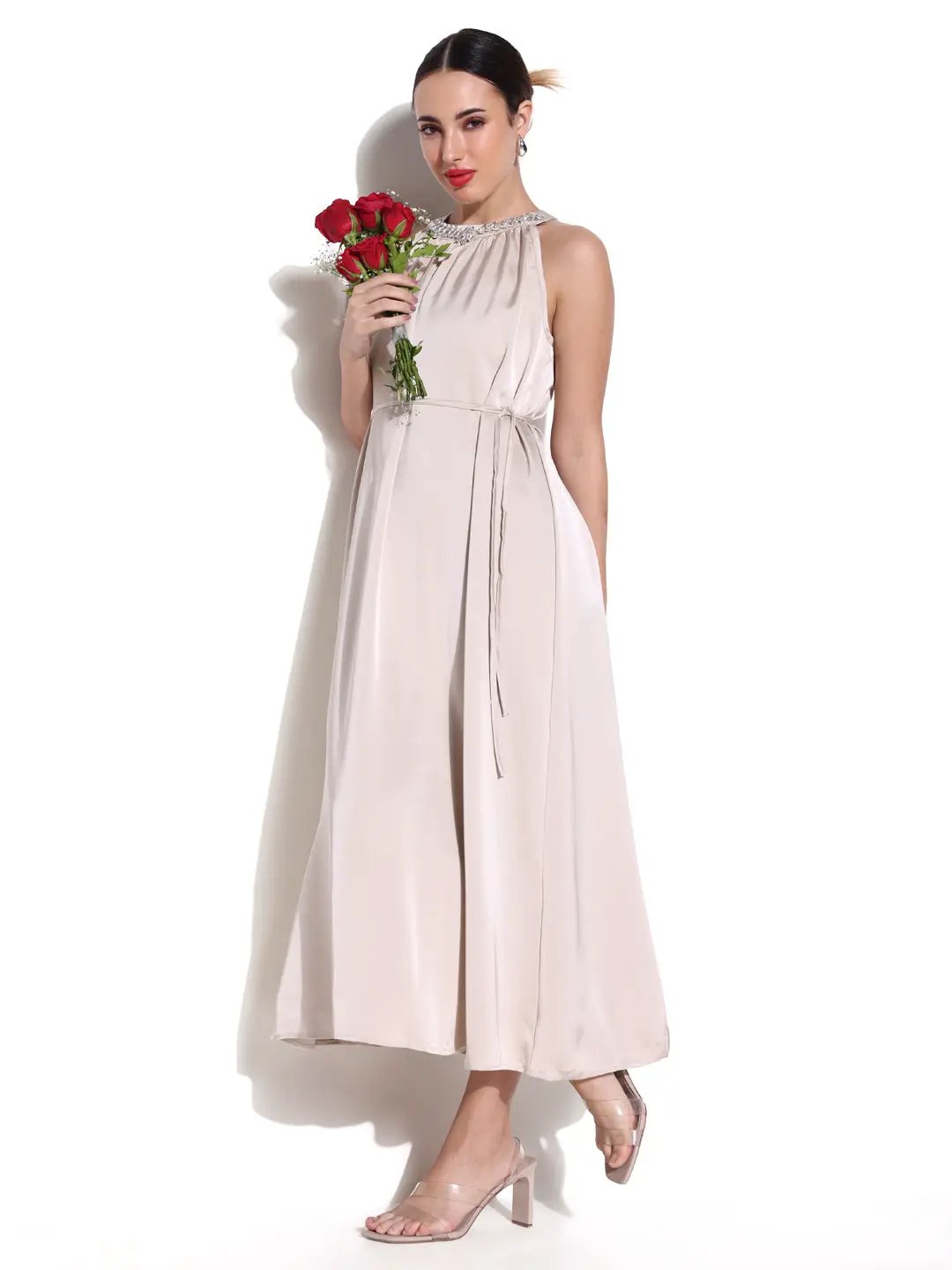 Shop Women's Embellished Neck Cream Dress with Waist Tie