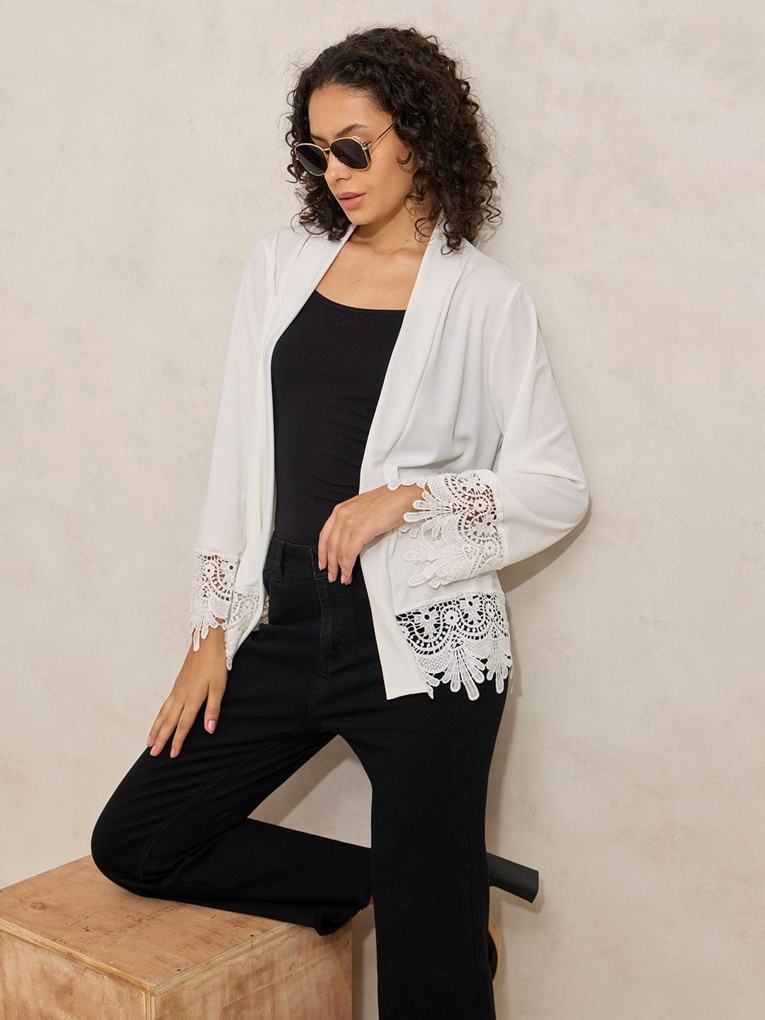 Shop Women's White Open Front Shrug with Lace Detail Showoffff