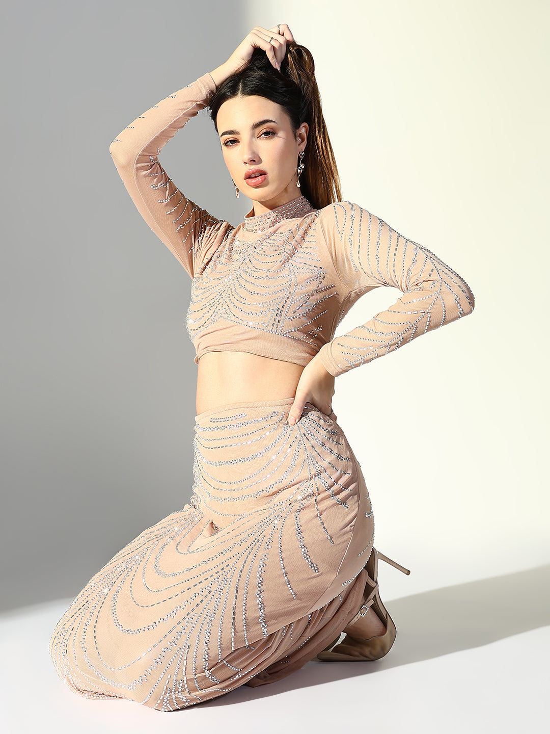 Buy Women's Rhinestone Beige Crop Top with Maxi Skirt Co-Ords Set