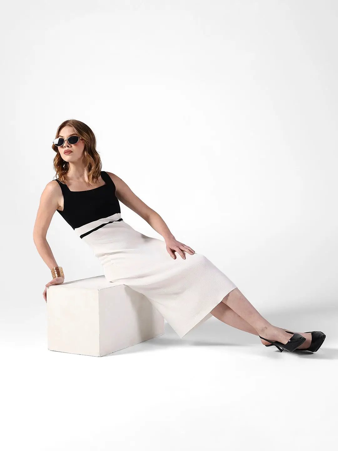 Shop Women's White Bodycon Dress Contrast Black Panel| Showoffff