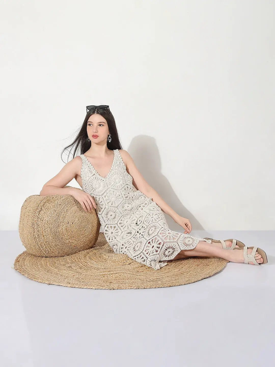Shop Women's Crochet Cream Cut Out V-Neck Midi Dress| Showoffff