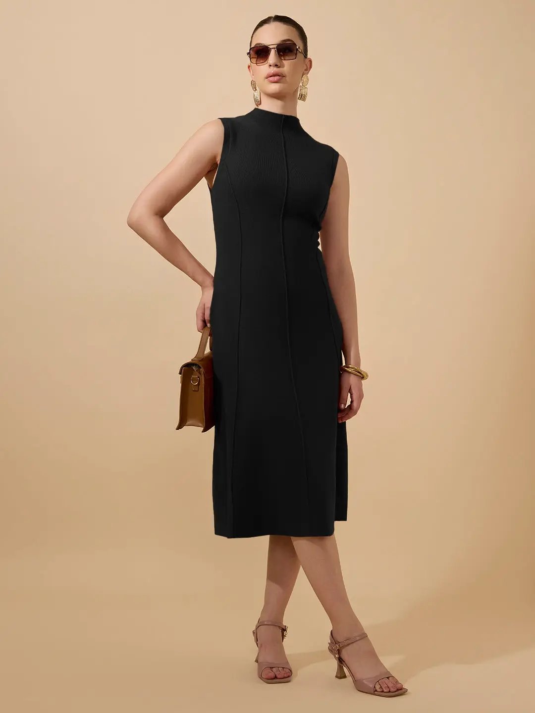 Shop Women's Textured Black High Neck Sleeveless A-Line Midi Dress|  Showoffff