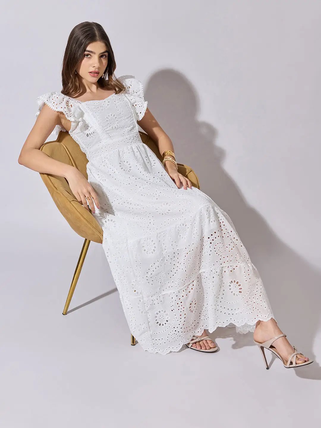 SHOWOFFFF Edition Women's White Schiffli Lace Tiered Maxi Dress