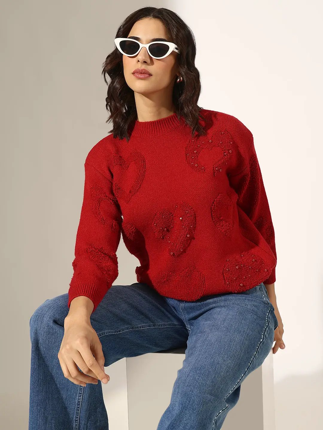 Women's Knitted Red Heart Embellished Pullover Top - from SHOWOFFFF